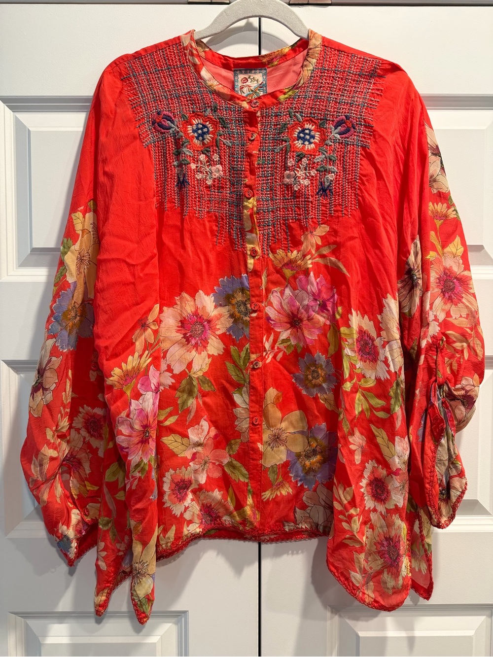 Johnny Was Red Floral Button-Front Women's Top with Embroidered Yoke